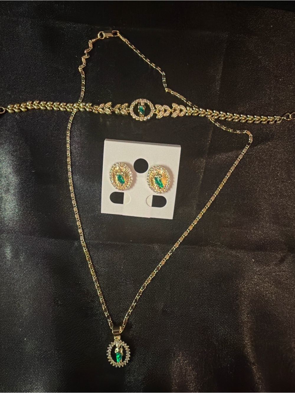 Gold-Tone Necklace and Earring Set with Emerald Green Accents